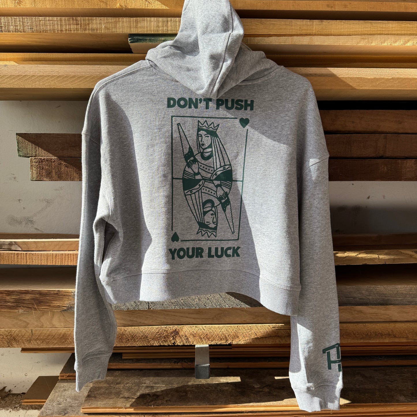 Don't Push Your Luck Crop Hoodie | Gray & Green