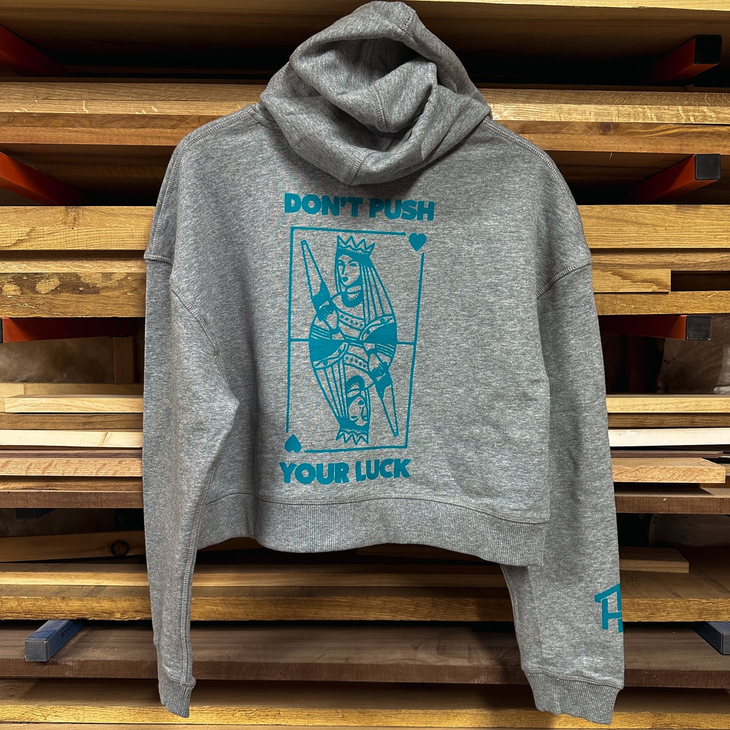 Don't Push Your Luck Crop Hoodie | Gray & Teal